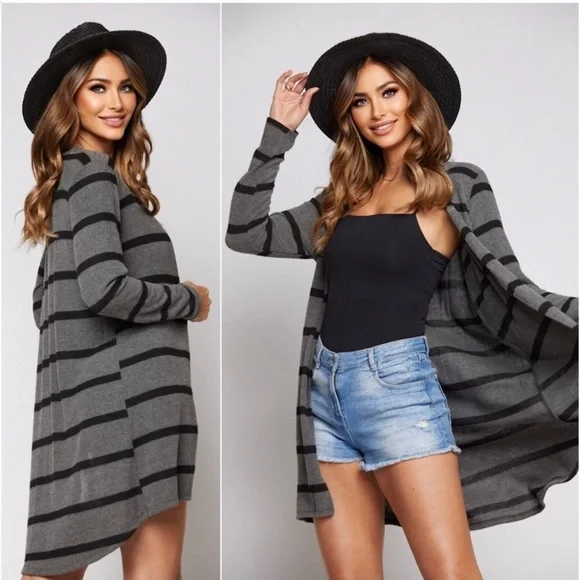 LAST ONE: Charcoal black stripes women’s long sleeve cute fall trendy cardigan - Picture 2 of 2